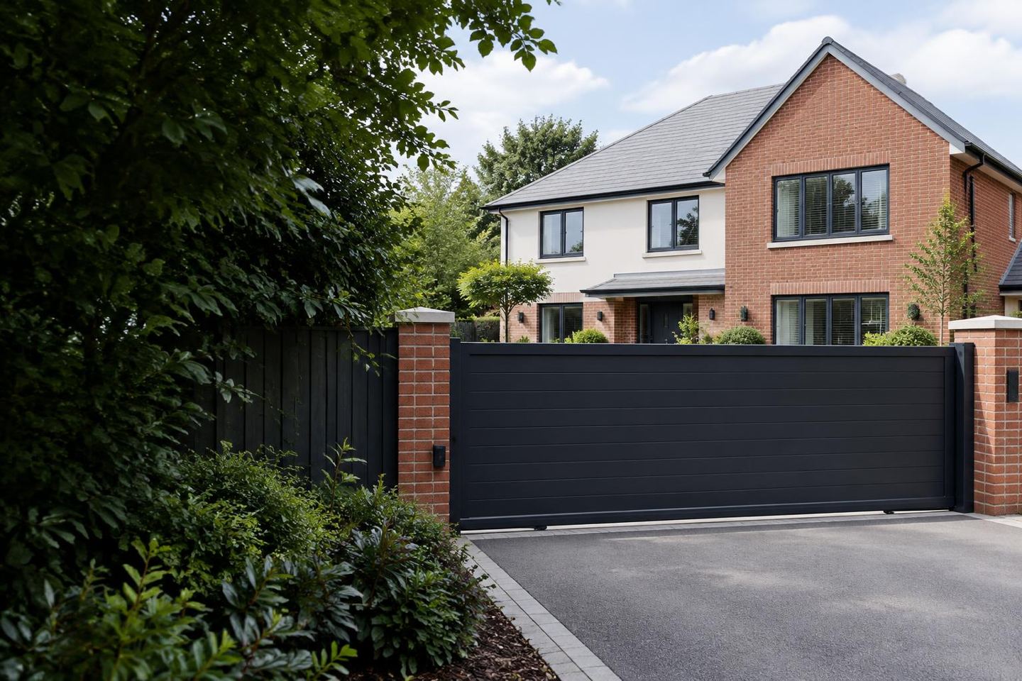 Automated sliding gate protecting a modern home